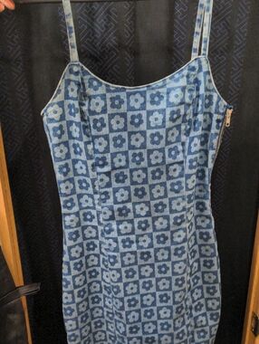 Divided Denim Flower Square Print Mini Dress Zipper Spaghetti Strap Size Small